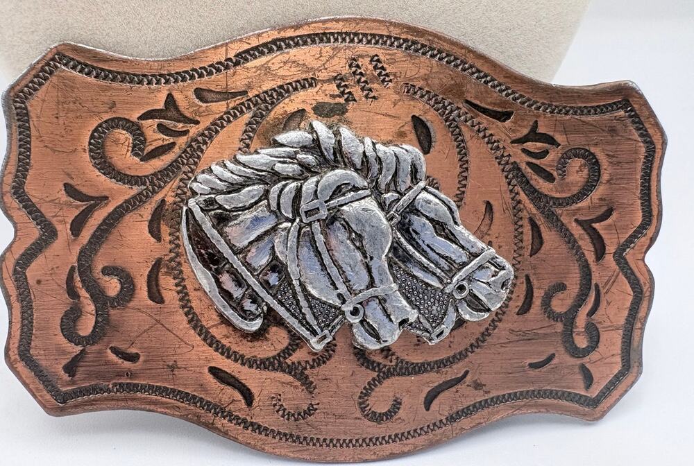 Vintage Copper Western Style Belt Buckle with Two Silvertone Horse Heads